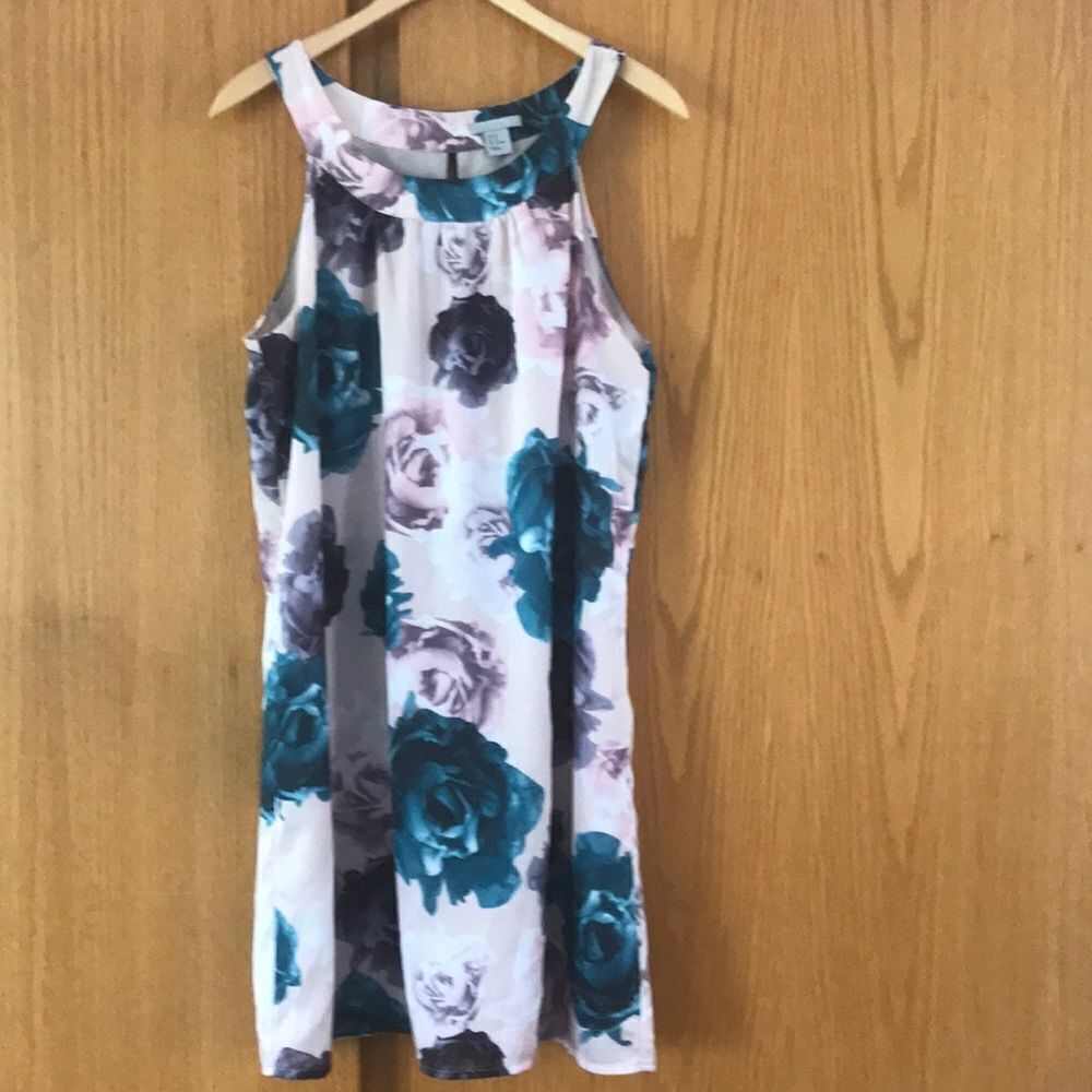 H&M blush halter midi, teal/wine/ivory floral, 14